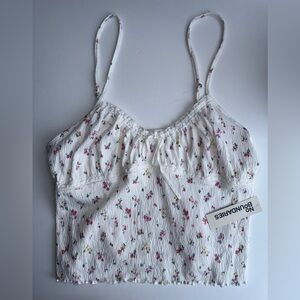 No Boundaries White Floral Tie-Front Cami with Pink & Green Print